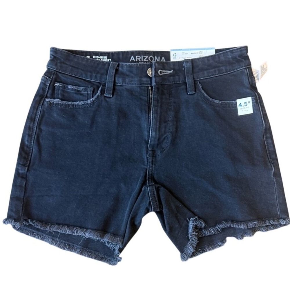 Arizona Jean Co Black Denim Midi Shorts Mid-Rise‎ Frayed Hem Size 3